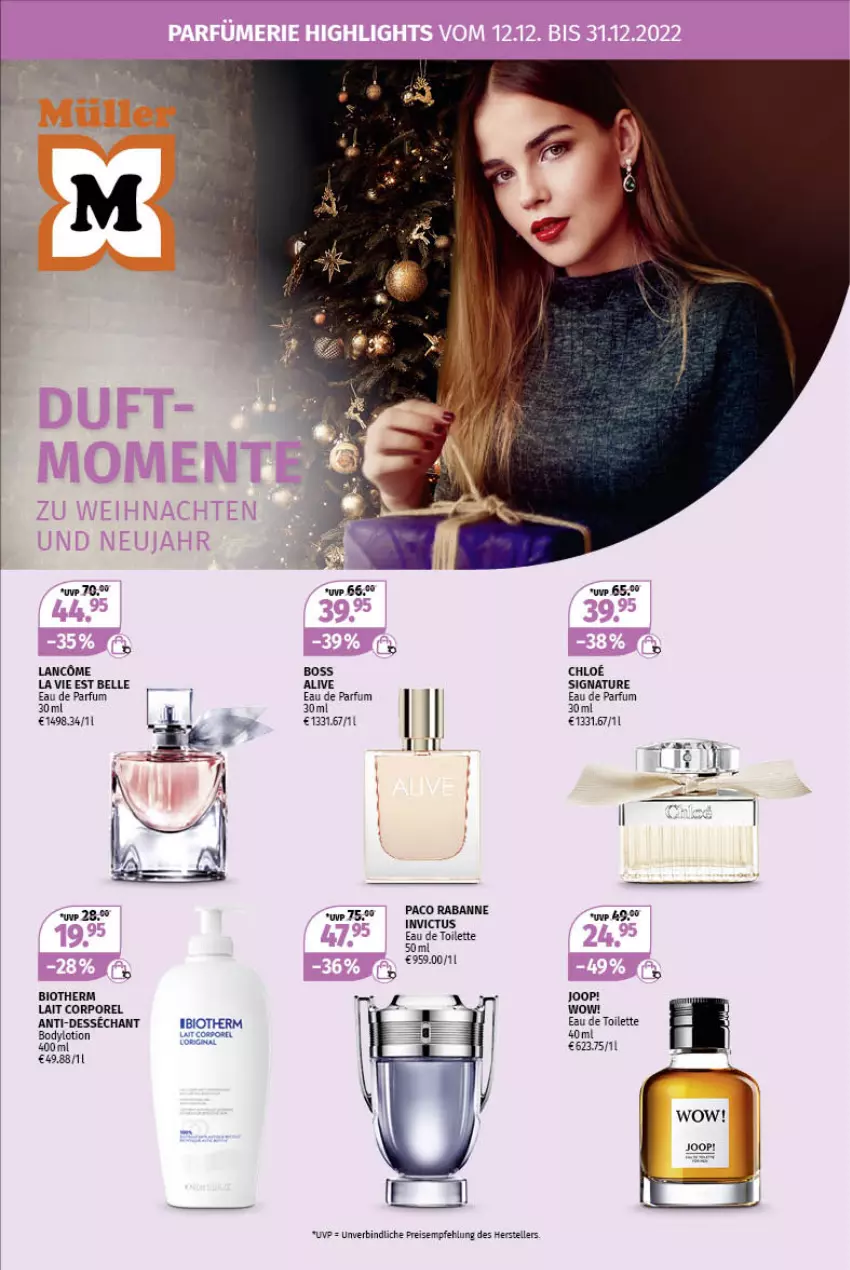 Aktueller Prospekt Mueller - Parfümerie Angebote - von 12.12 bis 31.12.2022 - strona 1 - produkty: bio, biotherm, body, bodylotion, boss, chloe, Eau de parfum, eau de parfum 30 ml, eau de toilette, eis, elle, Joop!, Lotion, natur, parfum, reis, rel, teller, Ti