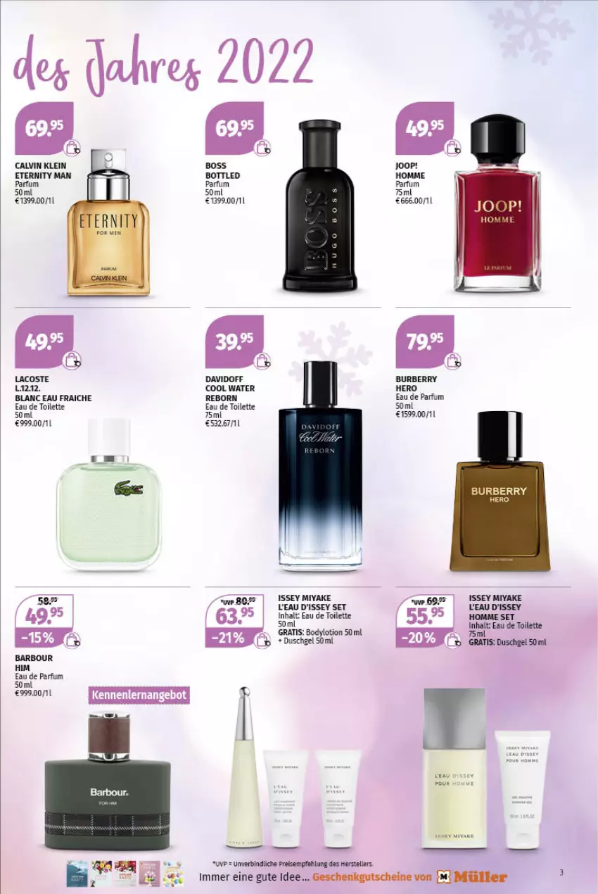 Aktueller Prospekt Mueller - Parfümerie Angebote - von 12.12 bis 31.12.2022 - strona 3 - produkty: angebot, body, bodylotion, Burberry, calvin klein, davidoff, duschgel, Eau de parfum, eau de parfum 50 ml, eau de toilette, eau de toilette 50 ml, eis, elle, gutschein, gutscheine, hero, Joop!, Lacoste, Lotion, Müller, parfum, reis, teller, Ti