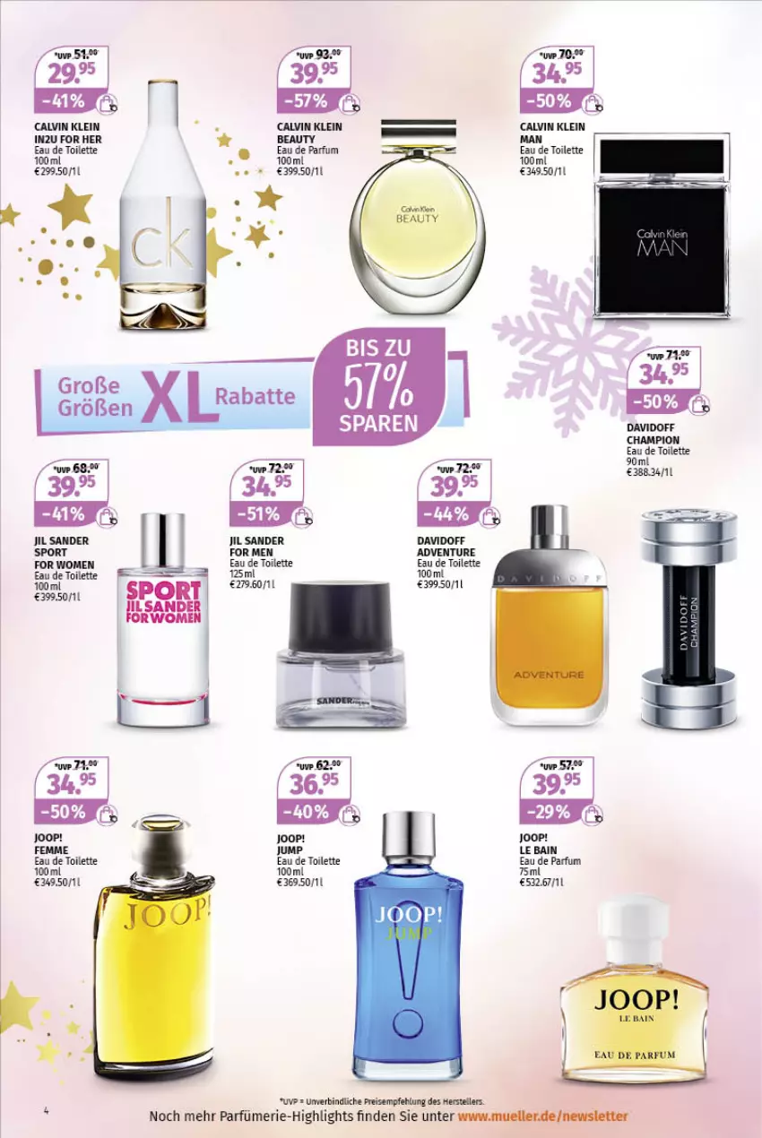 Aktueller Prospekt Mueller - Parfümerie Angebote - von 12.12 bis 31.12.2022 - strona 4 - produkty: calvin klein, champion, davidoff, Eau de parfum, eau de toilette, eis, elle, jil sander, Joop!, parfum, reis, Sport, teller