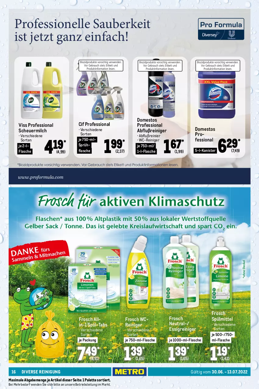 Aktueller Prospekt Metro - Waschen Spezial - von 01.01 bis 31.12.2022 - strona 16 - produkty: allzweckreiniger, auto, Cif, domestos, eis, elle, ente, essig, fairy, febreze, flasche, Frosch, Glade, Heu, Kalkreiniger, LG, Meister, meister proper, milch, Palette, reiniger, Reinigung, Reinigungsmittel, scheuermilch, sprühflasche, spülmittel, Ti, tisch, wc ente, wc-reiniger, weck