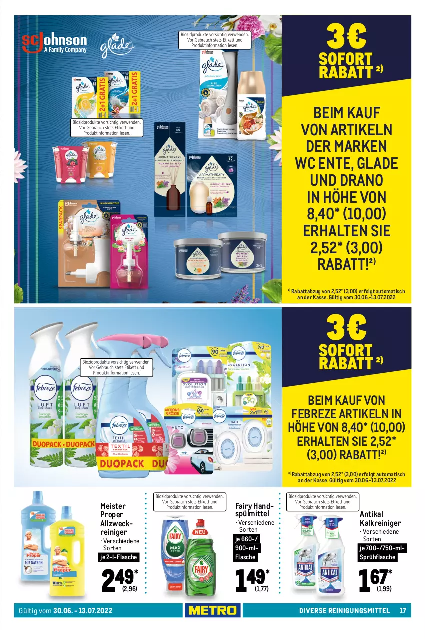 Aktueller Prospekt Metro - Waschen Spezial - von 01.01 bis 31.12.2022 - strona 17 - produkty: allzweckreiniger, auto, Cif, domestos, eis, elle, ente, essig, fairy, febreze, flasche, Frosch, Glade, Heu, Kalkreiniger, LG, Meister, meister proper, milch, Palette, reiniger, Reinigung, Reinigungsmittel, scheuermilch, sprühflasche, spülmittel, Ti, tisch, wc ente, wc-reiniger, weck