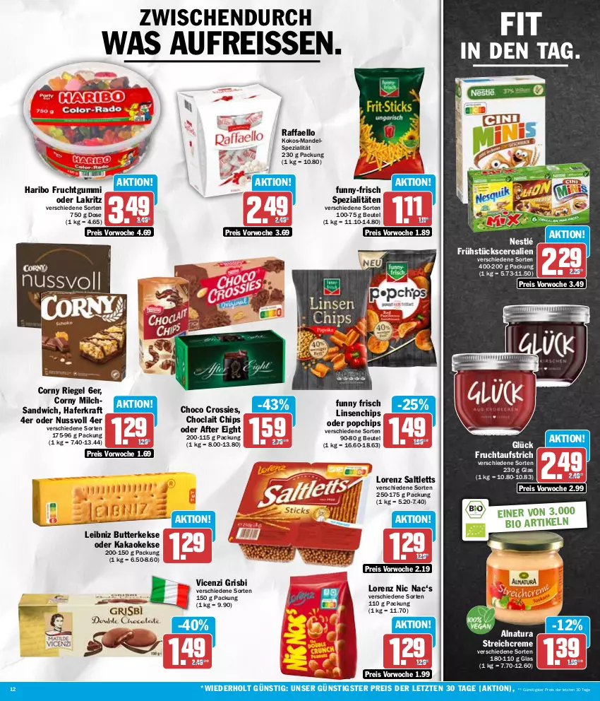 Aktueller Prospekt Hit - Wochenprospekt - von 22.04 bis 27.04.2024 - strona 12 - produkty: after eight, aufstrich, beutel, bio, butter, butterkeks, cerealien, chips, choclait chips, choco crossies, corny, creme, crossies, eis, frucht, fruchtaufstrich, fruchtgummi, Funny Frisch, funny-frisch, hafer, haribo, kakao, keks, kekse, kokos, kraft, Lakritz, leibniz, linsen, lorenz, mandel, milch, natur, natura, nestlé, nuss, oder lakritz, raffaello, reis, reiss, riegel, saltletts, sandwich, Spezi, Ti, ZTE