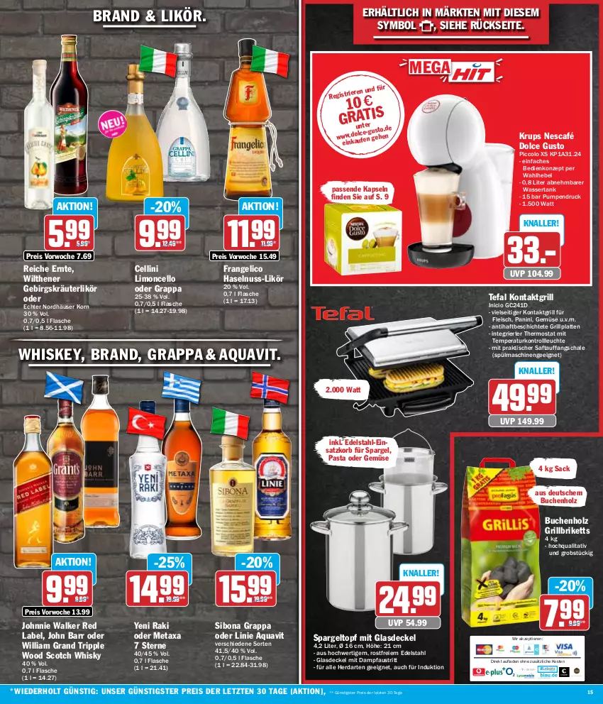 Aktueller Prospekt Hit - Wochenprospekt - von 22.04 bis 27.04.2024 - strona 15 - produkty: aqua, aquavit, aust, Bona, briketts, buch, decke, Deckel, dolce gusto, edelstahl, eis, flasche, fleisch, frangelico, Glasdeckel, grappa, grill, grillbriketts, grillplatte, haselnuss, herdarten, Holz, John Barr, johnnie walker, kontaktgrill, korb, korn, kräuter, kräuterlikör, krups, latte, Leuchte, likör, limo, Metaxa, Nescafé, nuss, obst, pasta, Pfau, reis, sac, saft, Schal, Schale, scotch, scotch whisky, spargel, spülmaschinen, tefal, thermostat, Ti, Tiere, tisch, topf, wasser, wassertank, whiskey, whisky, wilthener, yeni raki, ZTE