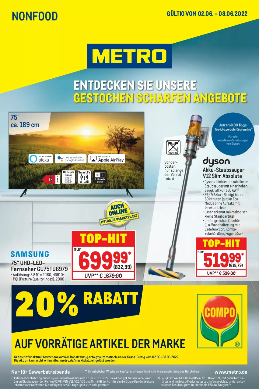 Aktueller Prospekt Metro - NonFood - von 02.06 bis 08.06.2022 - strona 1 - produkty: akku, Akku-Staubsauger, angebot, angebote, auto, Behälter, decke, Dyson, eis, elle, erde, fernseher, kraft, leine, LG, Metro, reis, sonderposten, staubsauger, teller, Ti, tisch, top-hit, uhd, wandhalterung