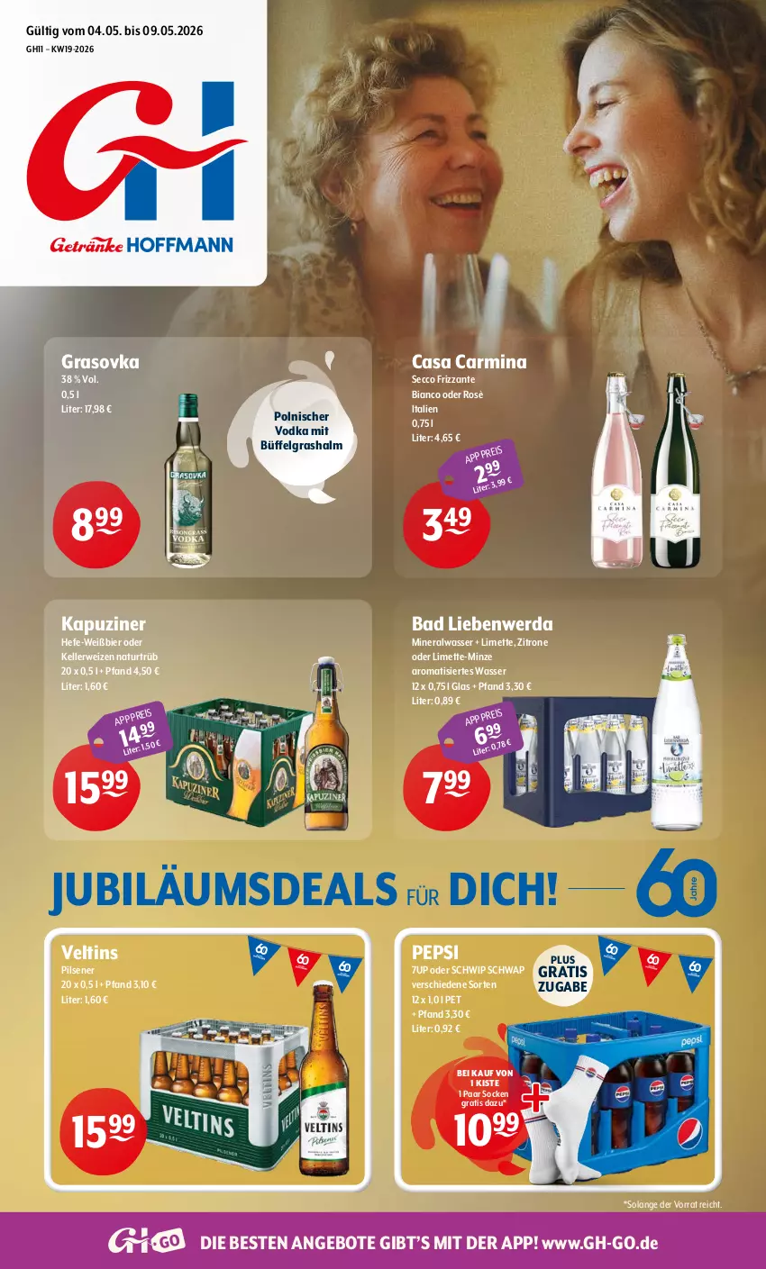 Aktueller Prospekt Getraenke Hoffmann - Prospekte - von 04.05 bis 09.05.2026 - strona 1 - produkty: 7UP, Alwa, angebot, angebote, Bad, Bad Liebenwerda, bier, ecco, eis, elle, frizzante, Hefe, Jubiläums, LG, limette, Mett, mineralwasser, minze, natur, pepsi, pils, pilsener, rwe, Schwip Schwap, socken, Ti, veltins, vodka, wasser, zitrone