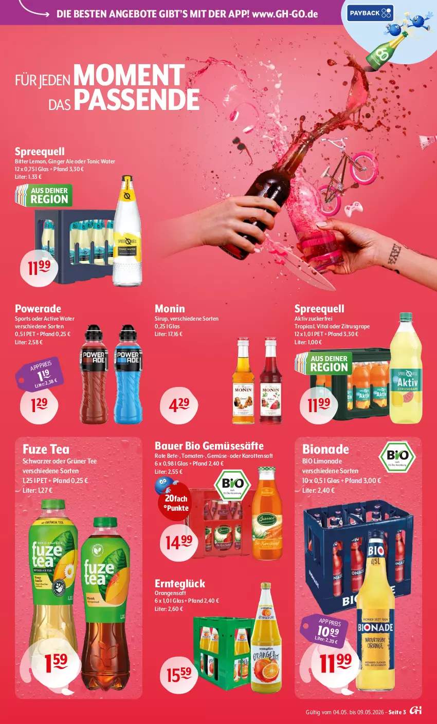 Aktueller Prospekt Getraenke Hoffmann - Prospekte - von 04.05 bis 09.05.2026 - strona 3 - produkty: angebot, angebote, auer, Bau, Bauer, bio, bio gemüse, bio limo, bionade, bitter lemon, eis, fuze tea, gin, ginger, ginger ale, grüner tee, karotten, limo, limonade, monin, orange, orangen, orangensaft, rote bete, saft, säfte, sirup, Sport, Spreequell, tee, Ti, tomate, tomaten, tonic, tonic water, vita, zucker