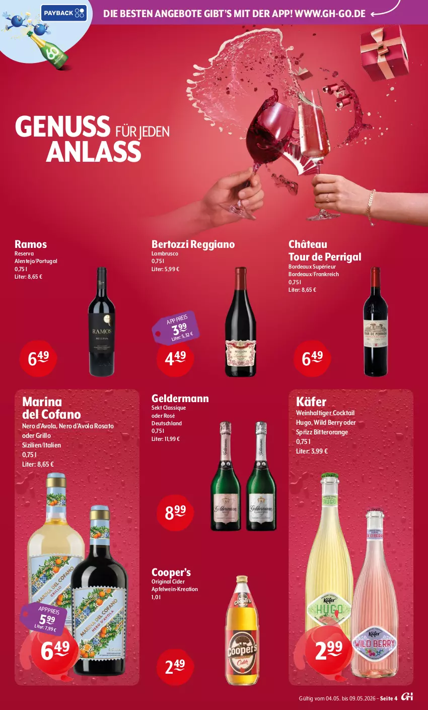 Aktueller Prospekt Getraenke Hoffmann - Prospekte - von 04.05 bis 09.05.2026 - strona 4 - produkty: angebot, angebote, apfel, apfelwein, cider, cocktail, eis, ente, geldermann, gin, grill, grillo, hugo, käfer, Lambrusco, nero, nuss, orange, reggiano, rosato, sekt, Sprizz, Ti, wein, Wild, wild berry