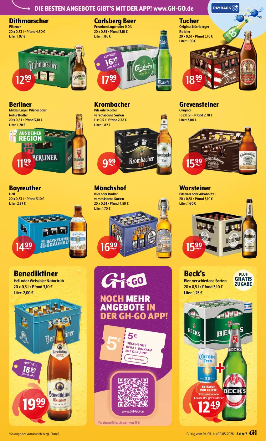 Aktueller Prospekt Getraenke Hoffmann - Prospekte - von 04.05 bis 09.05.2026 - strona 7 - produkty: alkohol, angebot, angebote, Benediktiner, Berger, berliner, bier, carlsberg, carlsberg beer, corona, eis, gin, grevensteiner, krombache, krombacher, krombacher pils, mars, mönchshof, natur, natur radler, nürnberger, oder radler, pils, pilsener, pilsner, radler, steiner, Ti, tuc, Tucher, warsteiner, weissbier