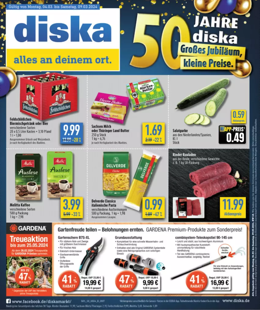 Aktueller Prospekt Diska - von 04.03 bis 09.03.2024 - strona 1 - produkty: aktionspreis, angebot, angebote, bier, butter, eis, elle, erde, gardena, Garten, Gartenschere, getränk, gin, gsw, gurke, italienische pasta, kaffee, lasagne, Mantel, melitta, messer, milch, pasta, reis, rind, rinder, ring, rouladen, sac, salat, Salatgurke, Schere, Teleskop, teleskopstiel, Ti, wasser