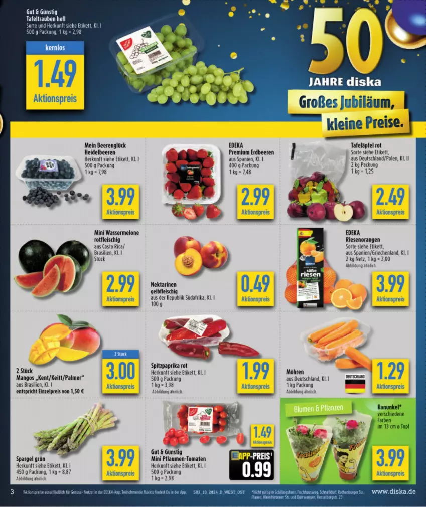 Aktueller Prospekt Diska - von 04.03 bis 09.03.2024 - strona 3 - produkty: aktionspreis, beere, beeren, deka, eis, erdbeere, erdbeeren, fleisch, heidelbeere, heidelbeeren, mango, mangos, melone, möhren, orange, orangen, paprika, pflaume, pflaumen, Pflaumen-Tomaten, reis, spargel, spargel grün, Spitzpaprika, tafeläpfel, tafeltrauben, Ti, tomate, tomaten, trauben, wasser, wassermelone