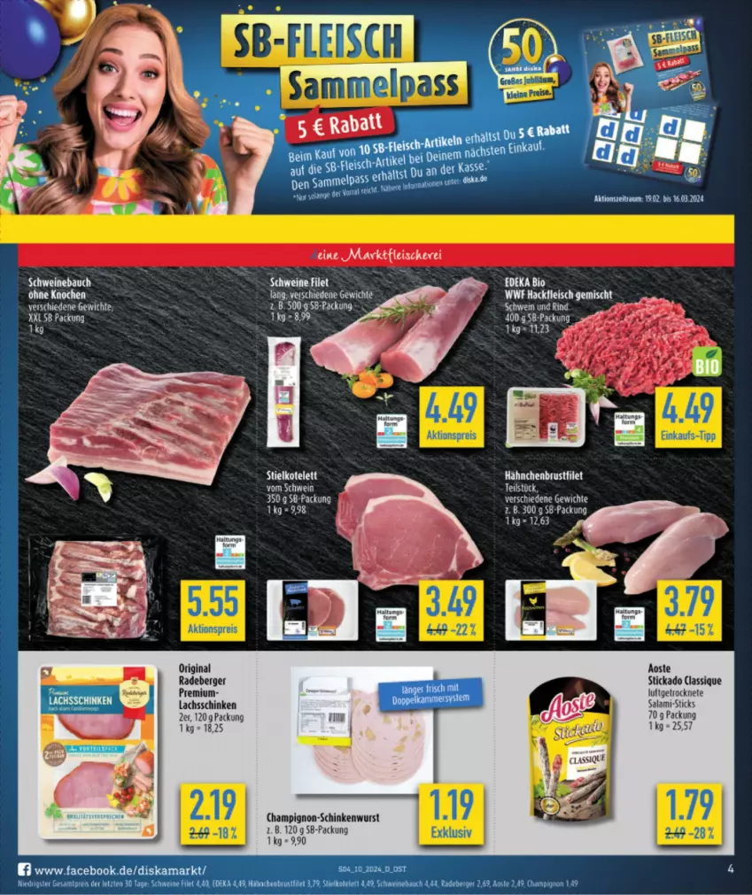 Aktueller Prospekt Diska - von 04.03 bis 09.03.2024 - strona 4 - produkty: aktionspreis, Bau, Berger, bio, brustfilet, champignon, deka, edeka bio, eis, filet, fleisch, Fleischerei, gin, hackfleisch, hackfleisch gemischt, hähnchenbrust, hähnchenbrustfilet, kotelett, lachs, lachsschinken, radeberger, reis, salami, Schere, schinken, schinkenwurst, schwein, schweine, Schweinebauch, stickado, tee, Ti, wein, weine, wurst, ZTE