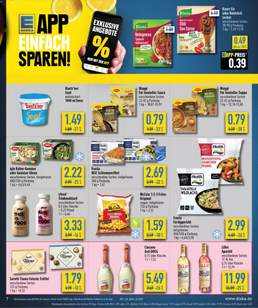 Aktueller Prospekt Diska - von 04.03 bis 09.03.2024 - strona 7 - produkty: aperitif, asti, Bau, cin, cinzano, eier, eimer, fertiggericht, filet, flasche, frosta, gin, iglo, LG, lillet, maggi, mccain, rahm-gemüse, saro, sarotti, sauce, schlemmerfilet, senf, suppe, Ti, Trüffel