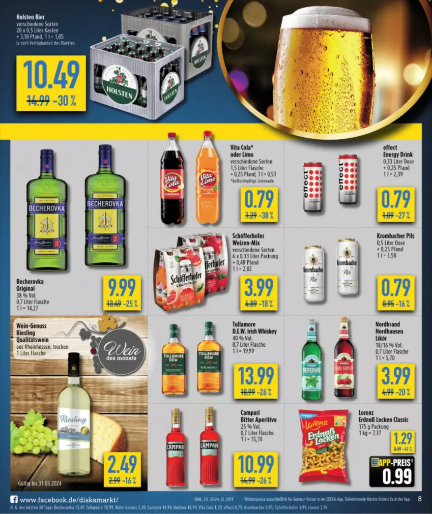 Aktueller Prospekt Diska - von 04.03 bis 09.03.2024 - strona 8 - produkty: Becher, Becherovka, brut, drink, Effect, energy drink, flasche, gin, hero, irish whiskey, krombache, krombacher, krombacher pils, likör, limo, limonade, lorenz, nordbrand, nuss, pils, qualitätswein, riesling, schöfferhofer, Ti, tullamore, vita, wein, whiskey, ZTE