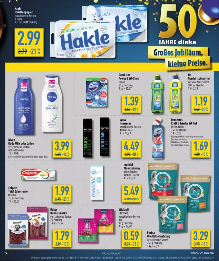 Aktueller Prospekt Diska - von 04.03 bis 09.03.2024 - strona 9 - produkty: aktionspreis, alkohol, bio, biozidprodukte, body, body milk, colgate, colgate total, creme, domestos, eis, elle, flasche, geschirr, geschirrspülmittel, gin, haarspray, hakle, katzennahrung, kraft, leine, LG, Lotion, meridol, mundspülung, nivea, ohne alkohol, papier, purina, Rauch, reis, rwe, snack, snacks, spülmittel, spülung, syoss, Ti, vita, vitakraft, Yo, zahncreme