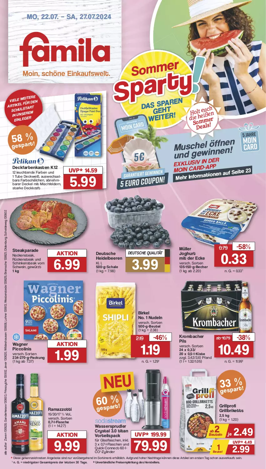 Aktueller Prospekt Famila - Prospekte - von 22.07 bis 27.07.2024 - strona 1 - produkty: angebot, angebote, Becher, beere, beeren, beutel, birkel, briketts, decke, Deckel, eis, elle, flasche, gewürz, glasflasche, grill, grillbriketts, heidelbeere, heidelbeeren, jever, joghur, joghurt, joghurt mit der ecke, kraft, krombache, krombacher, krombacher pils, Leuchte, leuchten, Müller, Nackensteak, nudel, nudeln, piccolinis, pils, rama, ramazzott, ramazzotti, reis, Rückensteak, Schal, Schale, schinken, Schinkensteak, schwein, steak, teller, Ti, wagner, wasser, wassersprudler, wein, Weste, Wild, zott, ZTE