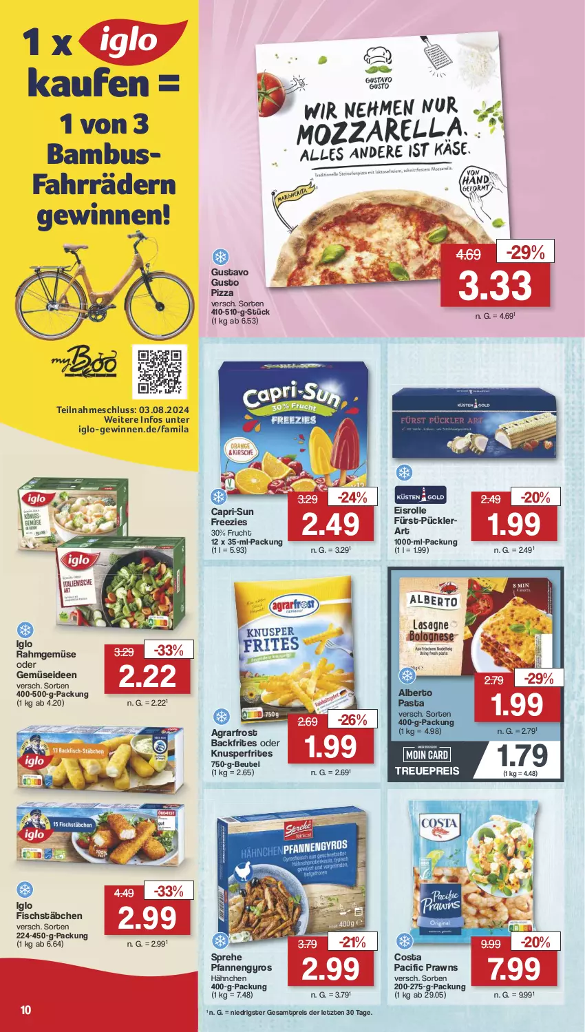 Aktueller Prospekt Famila - Prospekte - von 22.07 bis 27.07.2024 - strona 10 - produkty: agrarfrost, bambus, beutel, Cap, capri-sun, Cif, eis, fisch, fischstäbchen, frucht, gyros, iglo, pasta, pfanne, pfannen, pizza, prawns, Rahmgemüse, reis, ZTE