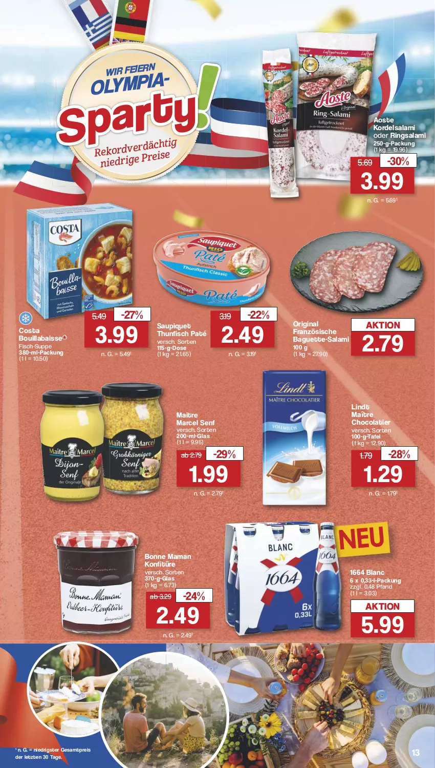 Aktueller Prospekt Famila - Prospekte - von 22.07 bis 27.07.2024 - strona 13 - produkty: baguette, Baguette-Salami, bonne maman, cola, eier, eis, fisch, gin, konfitüre, lindt, mam, reis, ring, salami, saupiquet, senf, suppe, thunfisch, Ti, ZTE