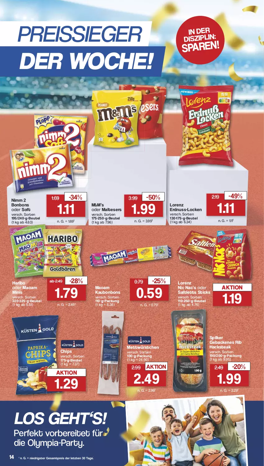 Aktueller Prospekt Famila - Prospekte - von 22.07 bis 27.07.2024 - strona 14 - produkty: beutel, bonbons, chips, eis, erdnuss, geback, haribo, lorenz, malteser, maoam, Mett, Nimm 2, nuss, reis, reiss, saltletts, steak, Ti, würstchen, ZTE