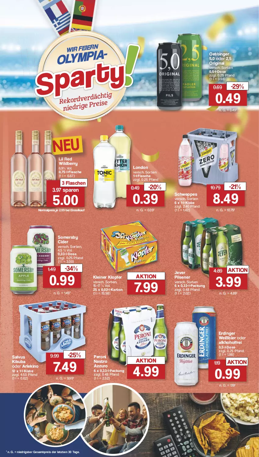 Aktueller Prospekt Famila - Prospekte - von 22.07 bis 27.07.2024 - strona 15 - produkty: bier, cider, eier, eis, erdinger, flasche, gin, jever, jever pilsener, kleiner klopfer, leine, oettinger, Peroni, pils, pilsener, reis, schweppes, somersby, Ti, Wild, ZTE