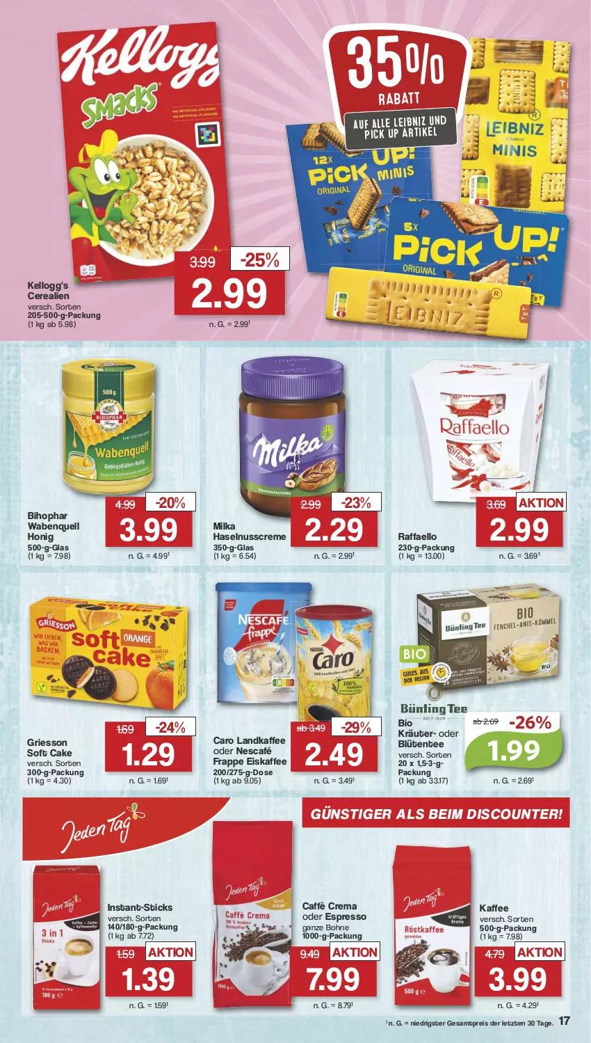 Aktueller Prospekt Famila - Prospekte - von 22.07 bis 27.07.2024 - strona 17 - produkty: bihophar, bio, Blüte, bohne, caffè crema, cerealien, creme, discount, eis, eiskaffee, ente, espresso, griesson, haselnuss, Haselnusscreme, honig, kaffee, Kellogg‘s, kräuter, leibniz, milka, ndk, Nescafé, nuss, oder espresso, raffaello, reis, tee, Ti, ZTE