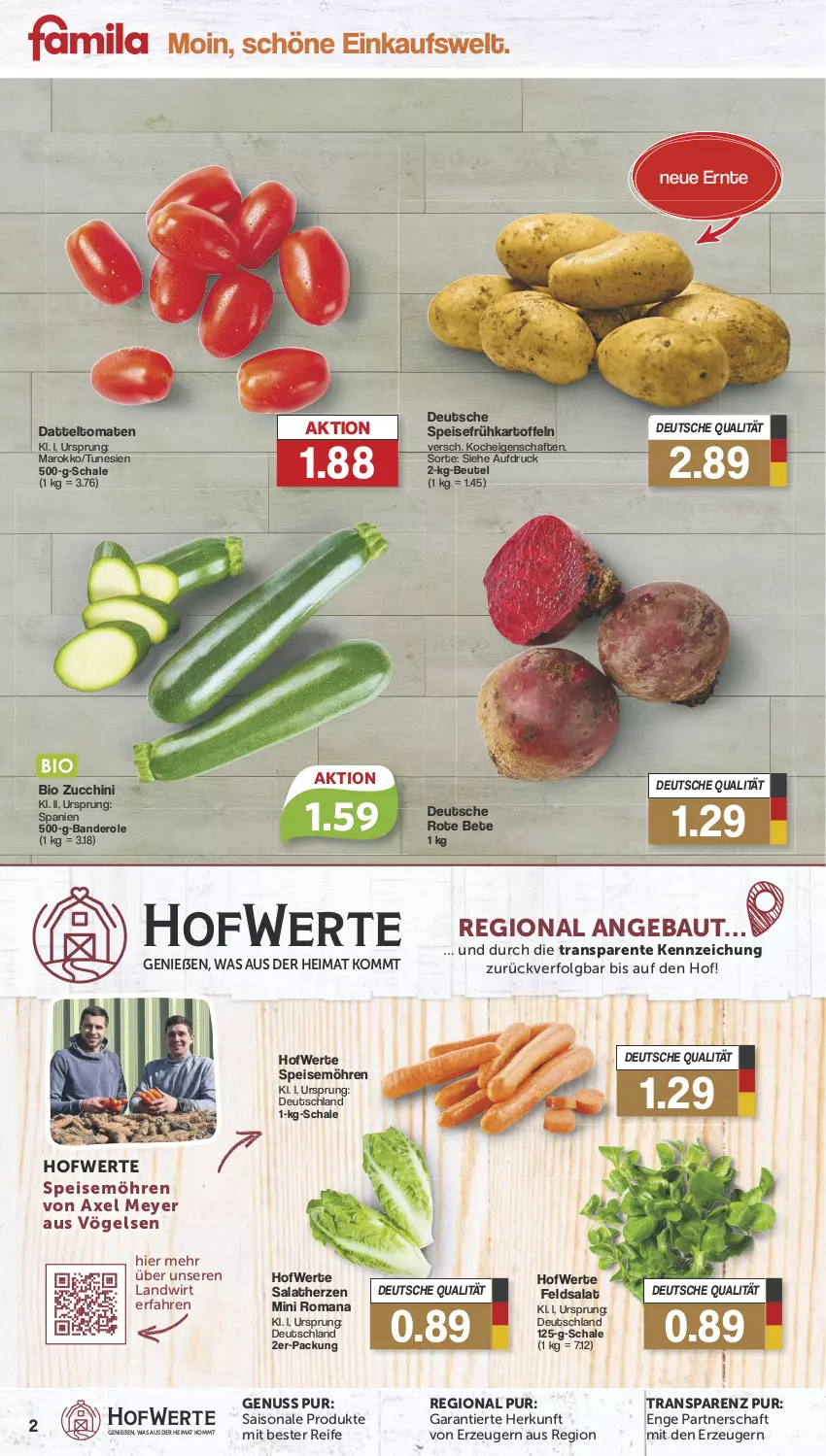 Aktueller Prospekt Famila - Prospekte - von 22.07 bis 27.07.2024 - strona 2 - produkty: axe, Bau, beutel, bio, datteltomaten, eis, ente, feldsalat, Frühkartoffeln, kartoffel, kartoffeln, LG, möhren, nuss, rote bete, salat, salatherzen, Schal, Schale, speisefrühkartoffeln, speisemöhren, Ti, tomate, tomaten, zucchini