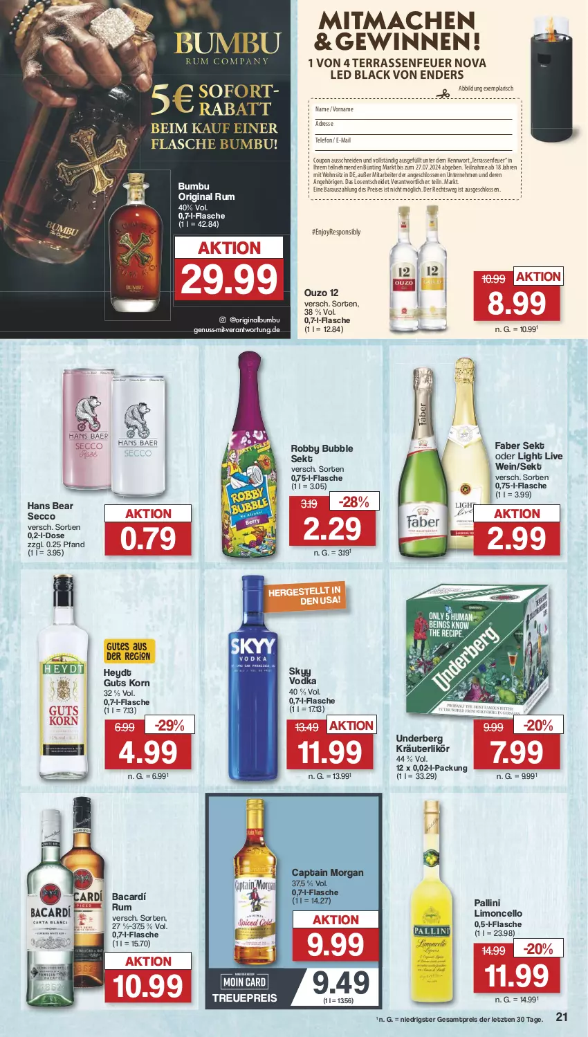 Aktueller Prospekt Famila - Prospekte - von 22.07 bis 27.07.2024 - strona 21 - produkty: Bumbu, Cap, captain morgan, coupon, ecco, eis, flasche, gin, korn, kräuter, kräuterlikör, likör, limo, nuss, ouzo, ouzo 12, reis, robby, rum, sekt, senf, skyy, Skyy Vodka, sofortrabatt, telefon, Ti, underberg, vodka, wein, ZTE