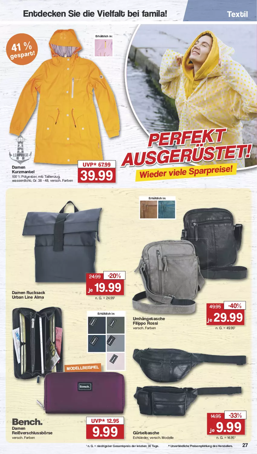 Aktueller Prospekt Famila - Prospekte - von 22.07 bis 27.07.2024 - strona 27 - produkty: decke, dell, eis, elle, gürteltasche, Mantel, Mode, reis, rucksack, sac, Tasche, teller, Ti, umhängetasche, wasser, ZTE