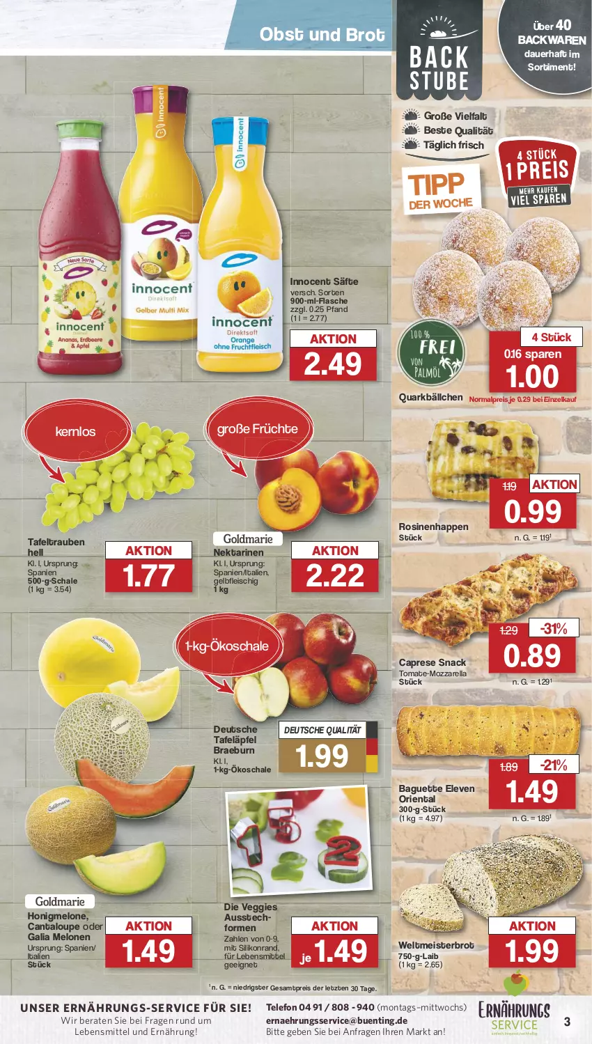 Aktueller Prospekt Famila - Prospekte - von 22.07 bis 27.07.2024 - strona 3 - produkty: auer, Ausstechformen, backwaren, baguette, brot, Cap, eis, flasche, fleisch, früchte, galia melonen, honig, honigmelone, Innocent, lebensmittel, Meister, melone, melonen, mozzarella, Nektar, nektarinen, obst, quark, reis, rel, säfte, Schal, Schale, snack, tafeläpfel, tafeltrauben, telefon, Ti, tomate, trauben, veggie, weltmeisterbrot, ZTE