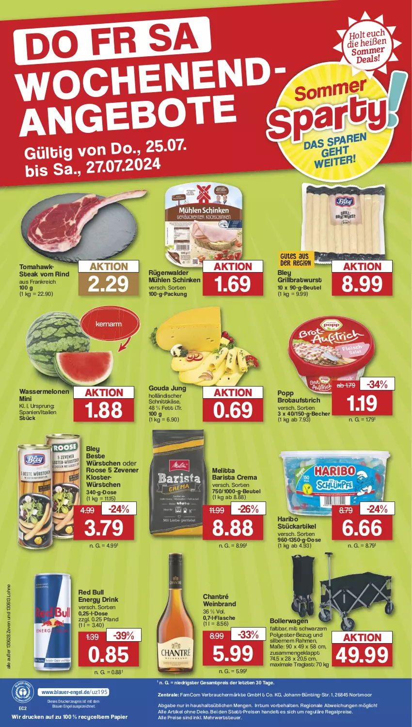 Aktueller Prospekt Famila - Prospekte - von 22.07 bis 27.07.2024 - strona 36 - produkty: auer, aufstrich, Becher, beutel, bley, bollerwagen, bratwurst, brot, brotaufstrich, chantré, drink, drucker, eis, energy drink, Engel, flasche, gouda, gouda jung, grill, grillbratwurst, haribo, holländischer schnittkäse, Käse, kerze, melitta, melone, melonen, mühlen schinken, papier, Popp, Rauch, red bull, regal, reis, rind, rügenwalder, rügenwalder mühle, rwe, schinken, schnittkäse, steak, Ti, wasser, wassermelone, wassermelonen, wein, weinbrand, wurst, würstchen, ZTE