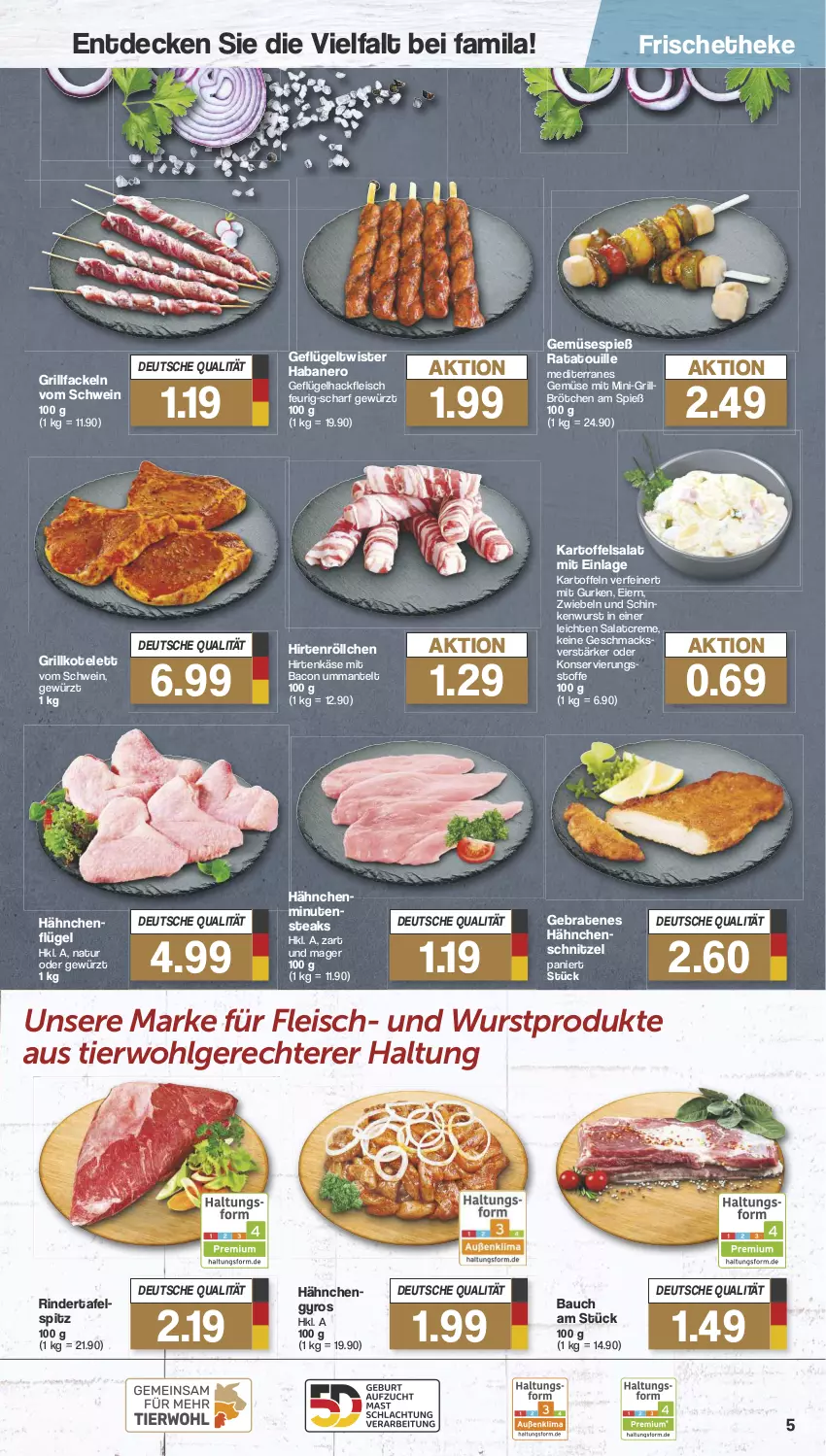 Aktueller Prospekt Famila - Prospekte - von 22.07 bis 27.07.2024 - strona 5 - produkty: bacon, Bau, braten, brötchen, creme, decke, eier, eis, fleisch, Geflügel, gewürz, grill, grillfackeln, grillkotelett, gurke, gurken, gyros, hackfleisch, hähnchenflügel, Hähnchengyros, Hähnchenschnitzel, hirtenkäse, Hirtenröllchen, kartoffel, kartoffeln, kartoffelsalat, Käse, kotelett, LG, mac, Mantel, minutensteaks, natur, nero, rind, rinder, salat, salatcreme, schinken, schinkenwurst, schnitzel, schwein, steak, steaks, tafelspitz, Ti, wein, wurst, zwiebel, zwiebeln