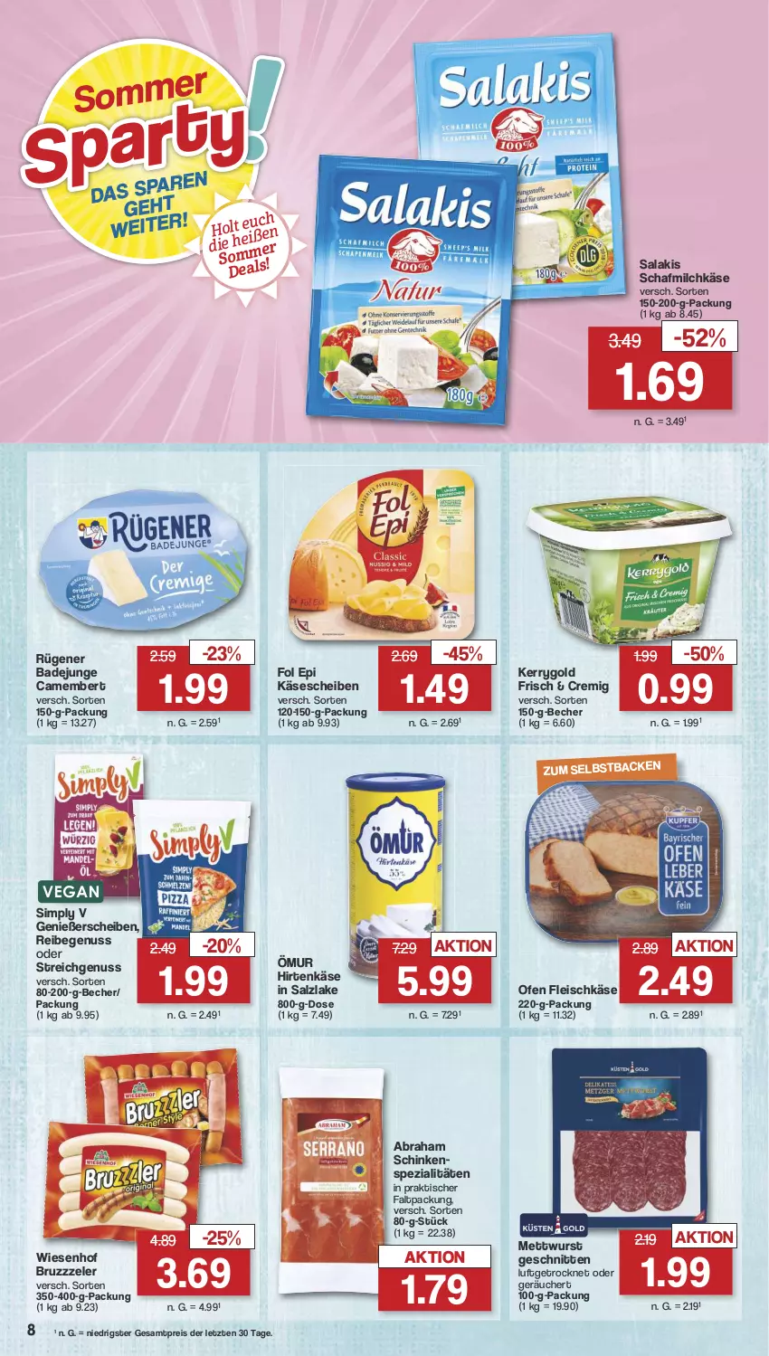 Aktueller Prospekt Famila - Prospekte - von 22.07 bis 27.07.2024 - strona 8 - produkty: Bad, Becher, camembert, eis, fleisch, fleischkäse, fol epi, hirtenkäse, Käse, käsescheiben, kerrygold, Mett, mettwurst, milch, nuss, Ofen, reis, Rügener, rügener badejunge, salakis, salz, schinken, schnitten, sim, Spezi, Ti, tisch, wiesenhof, wurst, ZTE