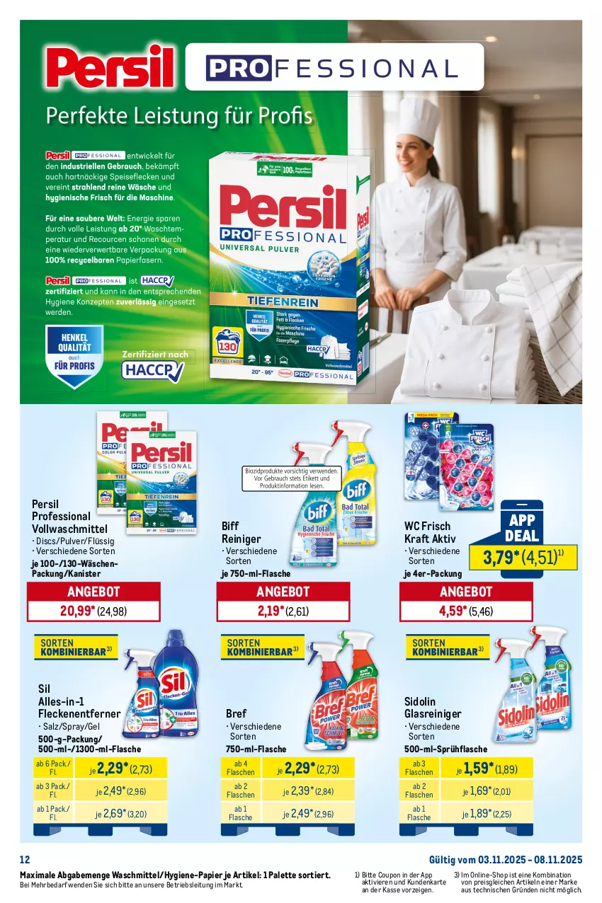 Aktueller Prospekt Metro - Starke Marken - von 03.11 bis 08.11.2025 - strona 12 - produkty: angebot, biff, Bref, coupon, eis, Finish, flasche, Fleckenentferner, geschirr, geschirrspülmittel, Glasreiniger, klarspüler, kraft, Palette, papier, persil, reiniger, reis, sagrotan, salz, Seife, sidolin, Spezi, sprühflasche, spülmittel, Ti, vanish, vollwaschmittel, waschmittel, wc frisch, WC Frisch Kraft Aktiv