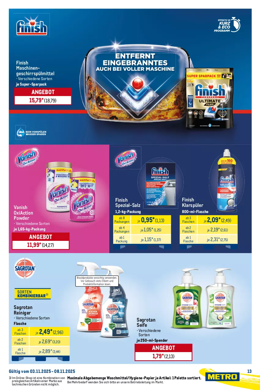 Aktueller Prospekt Metro - Starke Marken - von 03.11 bis 08.11.2025 - strona 13 - produkty: angebot, biff, Bref, coupon, eis, Finish, flasche, Fleckenentferner, geschirr, geschirrspülmittel, Glasreiniger, klarspüler, kraft, Palette, papier, persil, reiniger, reis, sagrotan, salz, Seife, sidolin, Spezi, sprühflasche, spülmittel, Ti, vanish, vollwaschmittel, waschmittel, wc frisch, WC Frisch Kraft Aktiv