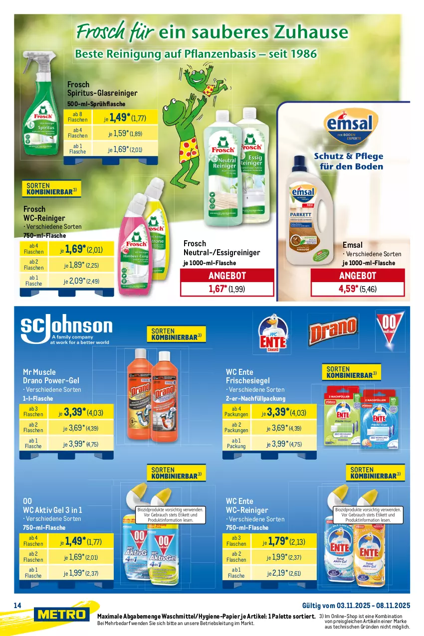 Aktueller Prospekt Metro - Starke Marken - von 03.11 bis 08.11.2025 - strona 14 - produkty: ajax, aktiv gel, allzweckreiniger, angebot, danklorix, eis, emsa, ente, essig, flasche, Frosch, geschirr, geschirrspülmittel, Glasreiniger, olive, Palette, palmolive, papier, power-gel, reiniger, reis, Softlan, spiritus, sprühflasche, spülmittel, Ti, tiefpreis, waschmittel, wc ente, wc-reiniger, weck, weichspüler