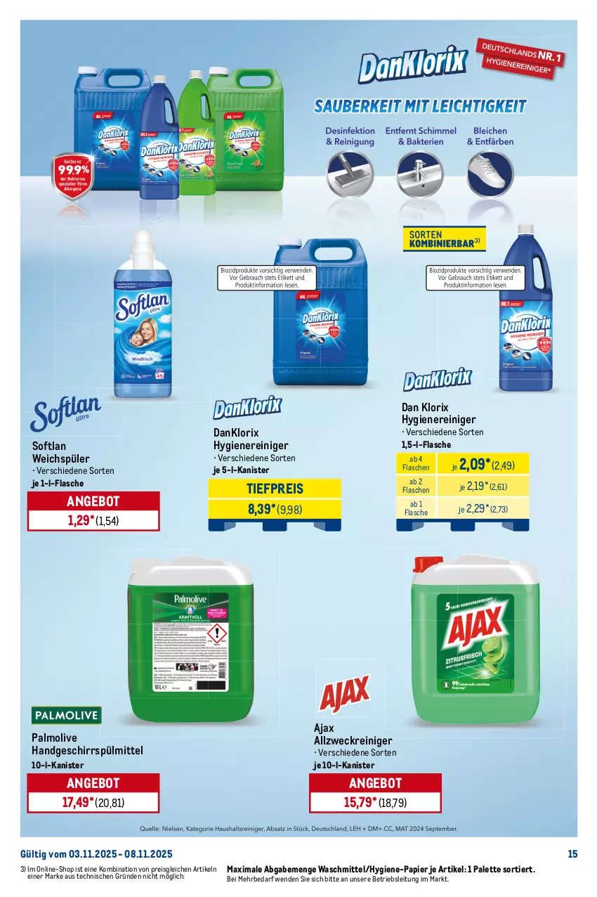 Aktueller Prospekt Metro - Starke Marken - von 03.11 bis 08.11.2025 - strona 15 - produkty: ajax, aktiv gel, allzweckreiniger, angebot, danklorix, eis, emsa, ente, essig, flasche, Frosch, geschirr, geschirrspülmittel, Glasreiniger, olive, Palette, palmolive, papier, power-gel, reiniger, reis, Softlan, spiritus, sprühflasche, spülmittel, Ti, tiefpreis, waschmittel, wc ente, wc-reiniger, weck, weichspüler