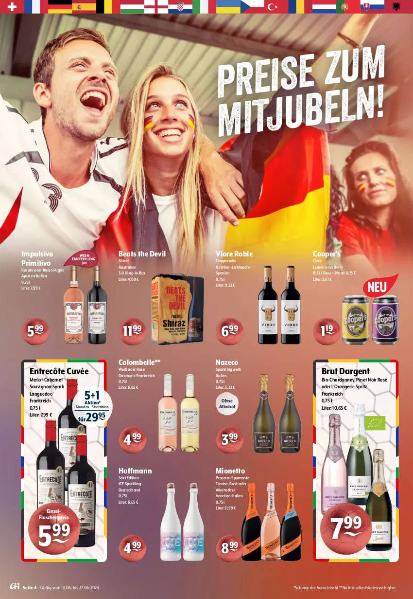 Aktueller Prospekt Getraenke Hoffmann - Prospekte - von 10.06 bis 22.06.2024 - strona 4 - produkty: alkohol, asti, aust, bag-in-box, bio, brut, brut dargent, cabernet, cabernet sauvignon, chardonnay, cider, cuvée, ecco, eis, elle, entrecôte, flasche, merl, merlot, mionetto, ohne alkohol, orange, Pinot, pinot noir, primitivo, prosecco, puma, reis, rosato, sauvignon, sekt, spumante, tempranillo, Ti, wein, weine