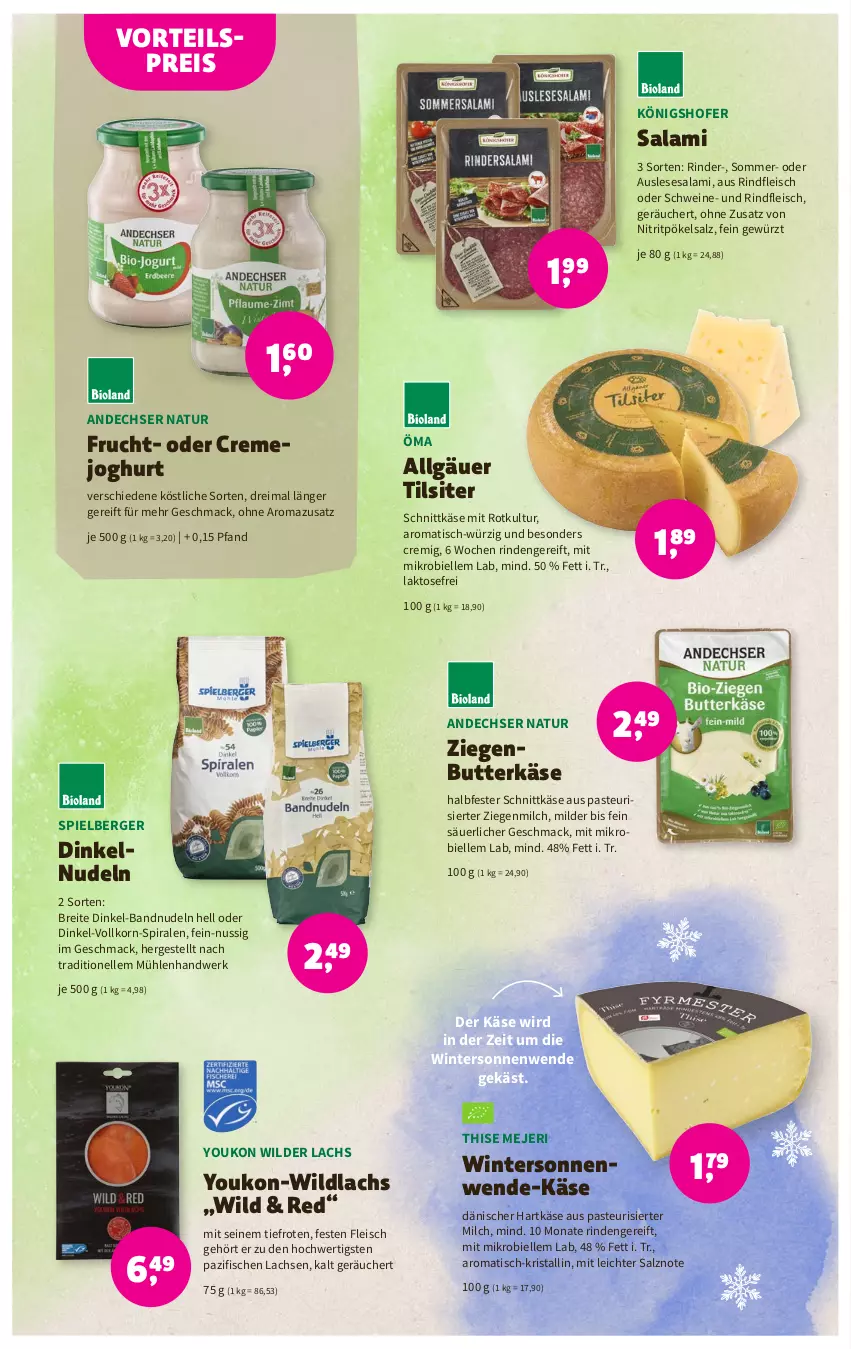 Aktueller Prospekt Denns Biomarkt - Prospekte - von 18.01 bis 31.01.2023 - strona 6 - produkty: andechser natur, Berger, Brei, butter, butterkäse, creme, eis, elle, fisch, fische, fleisch, frucht, gewürz, halbfester schnittkäse, hartkäse, joghur, joghurt, Käse, korn, lachs, LG, mac, milch, natur, nudel, nudeln, nuss, reis, rind, rinder, rindfleisch, salami, salz, schnittkäse, schwein, schweine, Ti, Tilsiter, tisch, vorteilspreis, wein, weine, Wild, wildlachs, Yo