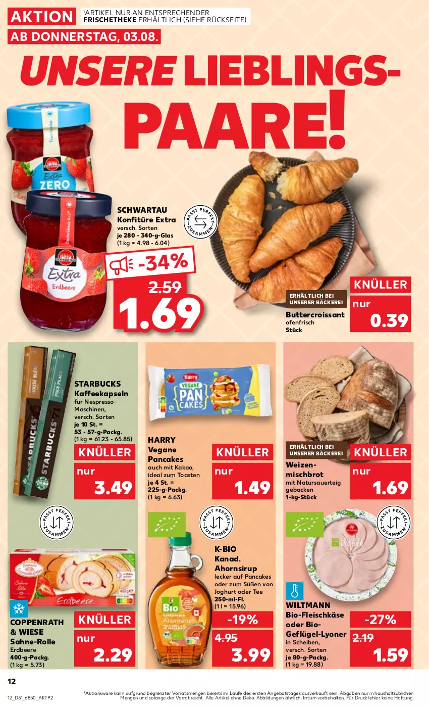 Aktueller Prospekt Kaufland - Prospekt - von 03.08 bis 09.08.2023 - strona 12 - produkty: angebot, auer, beere, bio, brot, butter, coppenrath, Croissant, eis, erdbeere, espresso, fleisch, fleischkäse, geback, Geflügel, joghur, joghurt, kaffee, kaffeekapseln, kakao, Käse, konfitüre, konfitüre extra, lyoner, natur, nespresso, Ofen, sahne, Schwartau, sirup, starbucks, tee, Ti, toast, weizenmischbrot, wiltmann, Yo, ZTE