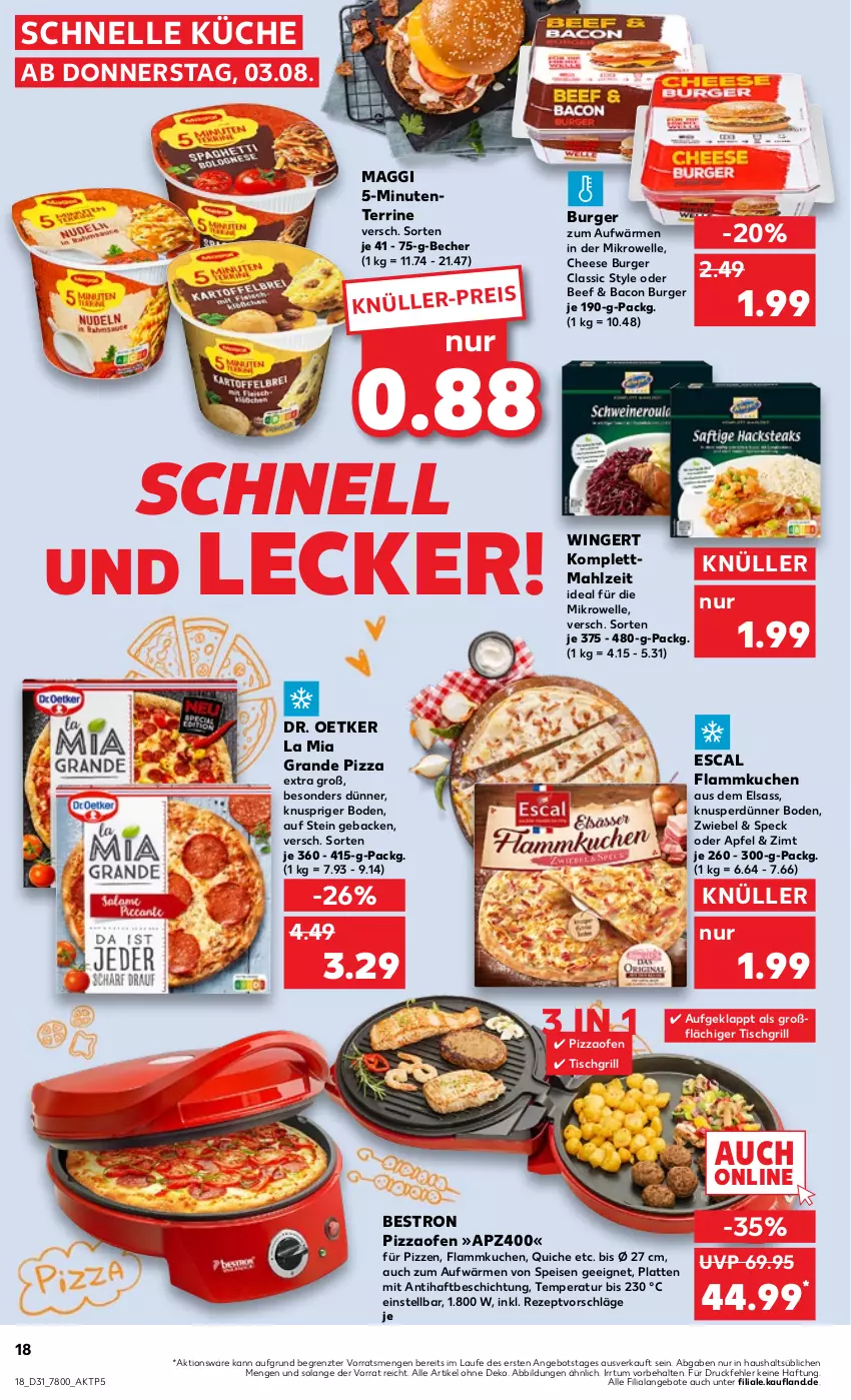 Aktueller Prospekt Kaufland - Prospekt - von 03.08 bis 09.08.2023 - strona 18 - produkty: angebot, angebote, apfel, bacon, Becher, beef, burger, Dr. Oetker, eis, elle, ente, escal, flammkuchen, geback, grill, küche, kuchen, lamm, latte, maggi, mikrowelle, Ofen, pizza, Pizzaofen, Quiche, rezept, Speck, terrine, Ti, tisch, tischgrill, ZTE, zwiebel