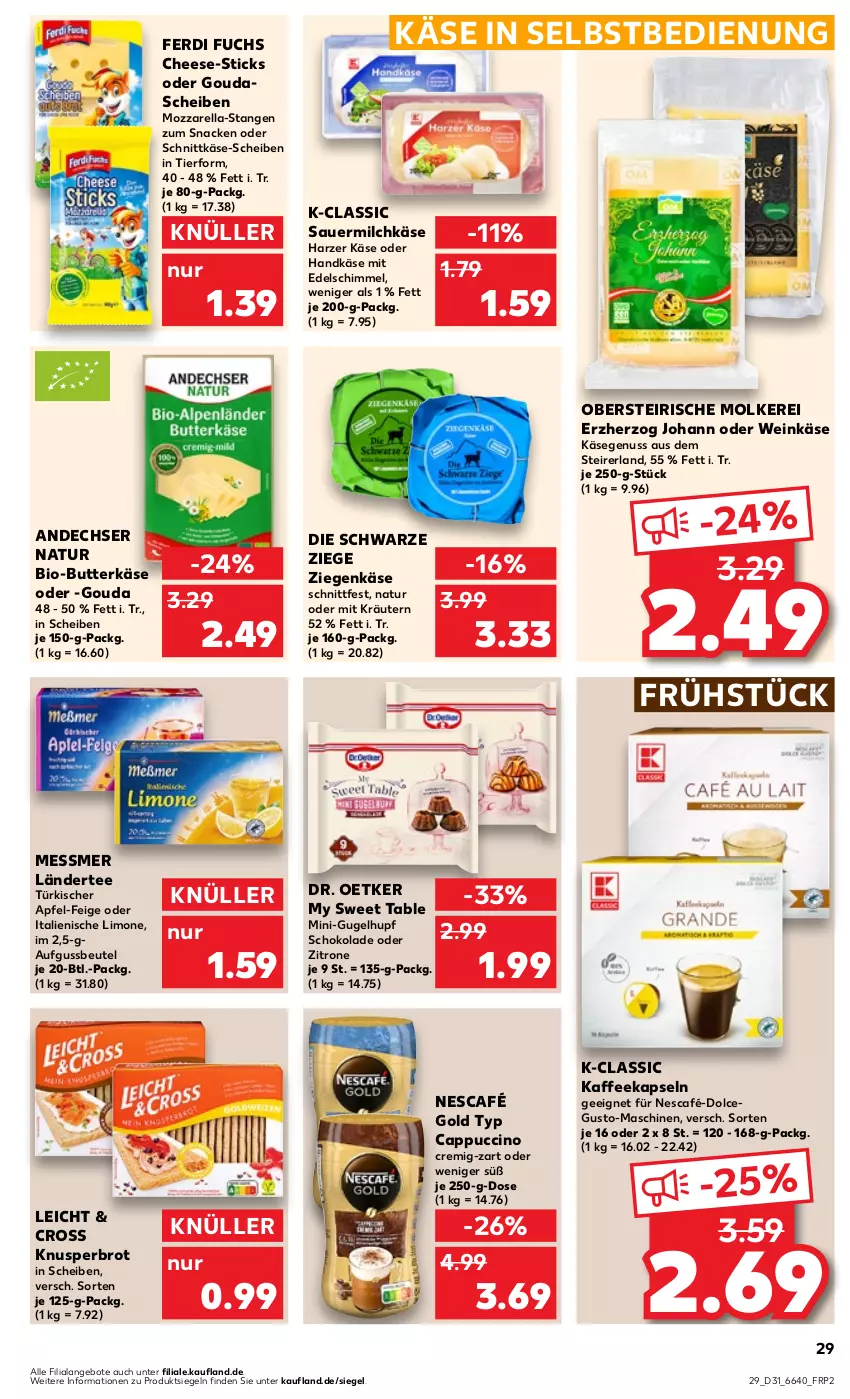 Aktueller Prospekt Kaufland - Prospekt - von 03.08 bis 09.08.2023 - strona 29 - produkty: andechser natur, angebot, angebote, apfel, auer, beutel, bio, Bio-Butter, brot, butter, butterkäse, Cap, cappuccino, cin, Dr. Oetker, ferdi fuchs, gouda, kaffee, kaffeekapseln, Käse, kräuter, kräutern, Ländertee, limo, milch, mozzarella, my sweet table, natur, ndk, Nescafé, nescafé gold, nuss, rel, Sauermilchkäse, schnittkäse, schoko, schokolade, snack, tee, Ti, wein, Weinkäse, ziegenkäse, zitrone