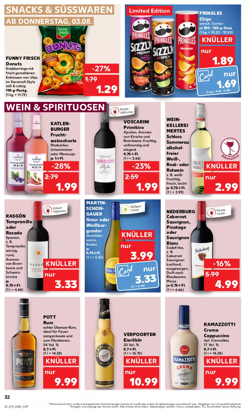 Aktueller Prospekt Kaufland - Prospekt - von 03.08 bis 09.08.2023 - strona 32 - produkty: alkohol, angebot, auer, Bad, beere, beeren, bier, Biere, Blaubeer, blaubeere, bowle, brombeere, burger, burgunder, cabernet, cabernet sauvignon, Cap, cappuccino, chips, cin, creme, Donut, donuts, eier, eierlikör, elle, erdnüsse, erdnüssen, frucht, Funny Frisch, karamell, katlenburger, kirsch, kirsche, kraft, likör, maracuja, minze, nederburg, Pinot, primitivo, pringles, qualitätswein, qualitätsweine, rama, ramazzott, ramazzotti, rhabarber, ring, rotwein, rum, salz, sauvignon, sauvignon blanc, schorle, snack, snacks, spirituosen, süsswaren, tempranillo, Ti, ültje, verpoorten, wein, weine, weinschorle, Weißburgunder, Weißwein, Zangen, zott, ZTE