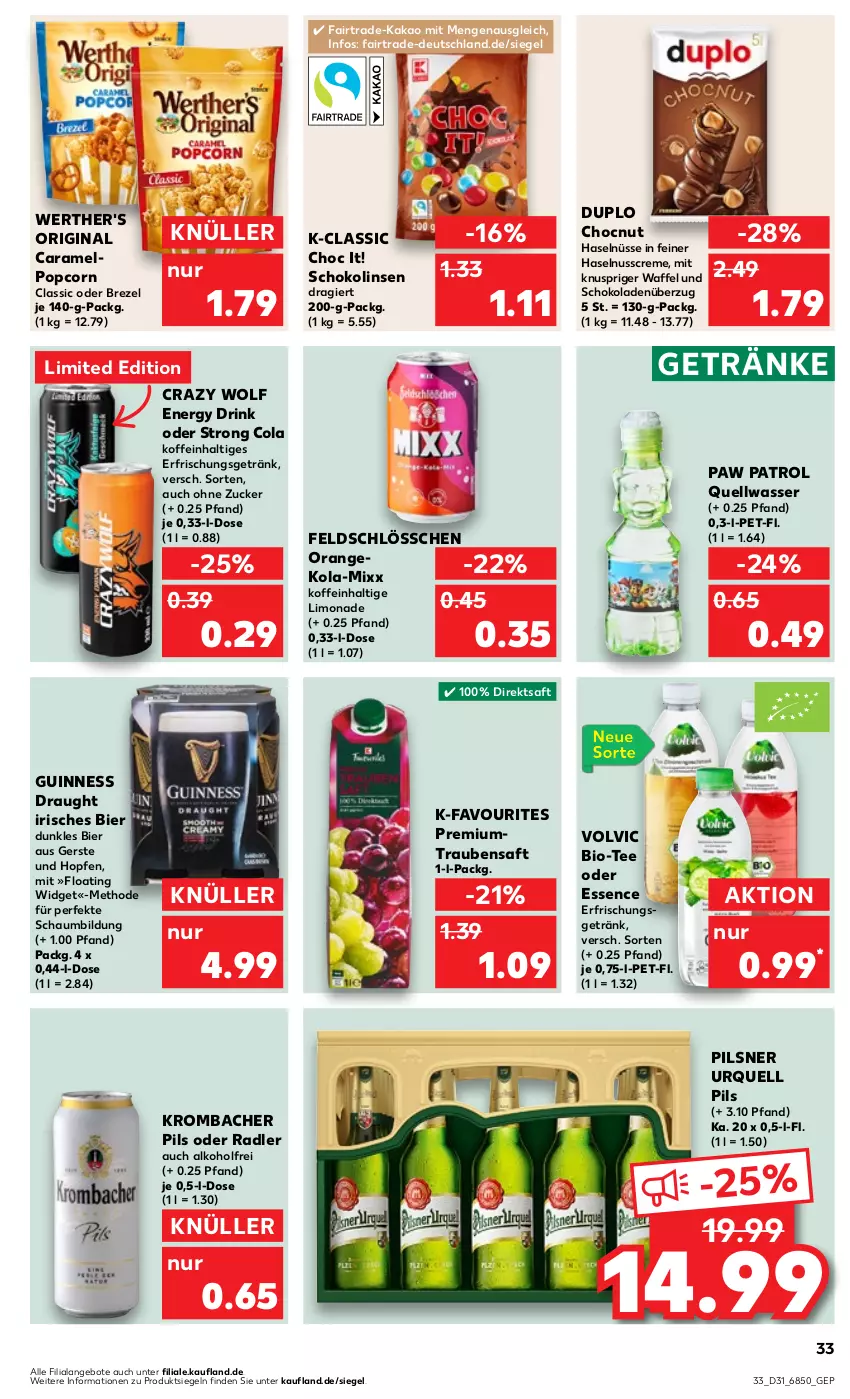 Aktueller Prospekt Kaufland - Prospekt - von 03.08 bis 09.08.2023 - strona 33 - produkty: alkohol, angebot, angebote, bier, bio, brezel, caramel, cola, creme, direktsaft, drink, duplo, energy drink, erfrischungsgetränk, getränk, getränke, gin, Guinness, haselnuss, Haselnusscreme, kakao, krombache, krombacher, krombacher pils, limo, limonade, linsen, nuss, oder radler, orange, Paw Patrol, pils, pilsner, pilsner urquell, popcorn, radler, saft, schoko, schokolade, schokoladen, Schokolinsen, tee, Ti, trauben, Traubensaft, volvic, wasser, werther's, zucker