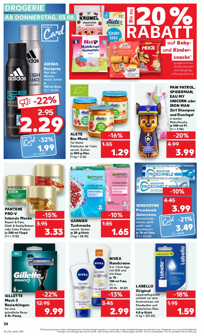 Aktueller Prospekt Kaufland - Prospekt - von 03.08 bis 09.08.2023 - strona 34 - produkty: Adidas, angebot, aust, balsam, beutel, bio, butter, creme, decke, deo, deospray, duschgel, eis, flasche, fleisch, garnier, gillette, gin, handcreme, Kinder, Labello, leine, Lippenpflege, mac, Maske, nivea, pantene, pantene pro-v, Paw Patrol, pro-v, Q10, quetschbeutel, Rasierklinge, rasierklingen, sensodyne, shampoo, Sheabutter, snack, snacks, Ti, tuc, tuchmaske, zahncreme, ZTE