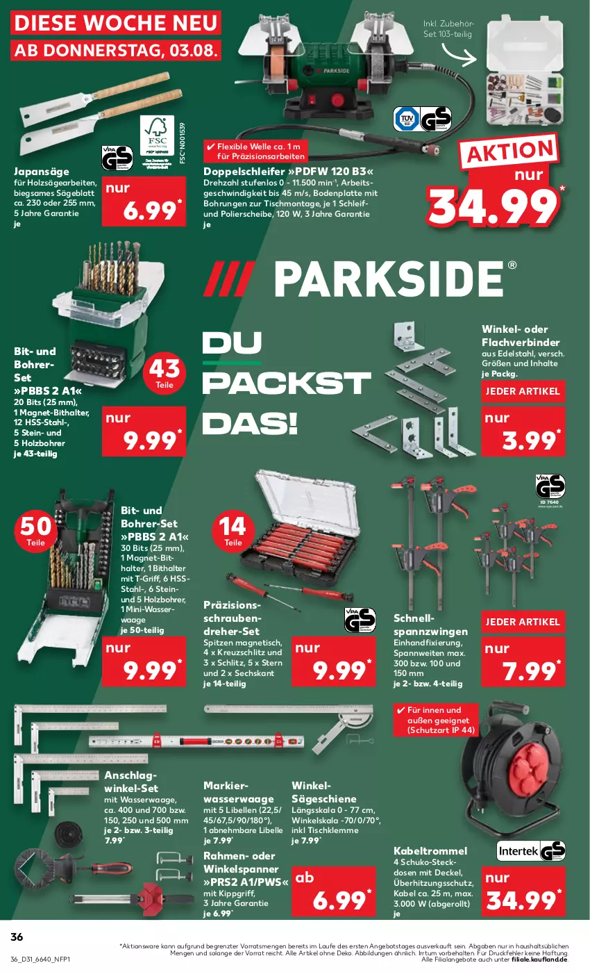 Aktueller Prospekt Kaufland - Prospekt - von 03.08 bis 09.08.2023 - strona 36 - produkty: angebot, angebote, Bodenplatte, Bohrer-Set, Bohrerset, decke, Deckel, edelstahl, elle, Holz, Japansäge, Kabeltrommel, latte, säge, schrauben, Schraubendreher, steckdose, Ti, tisch, trommel, überhitzungsschutz, Waage, wasser, ZTE