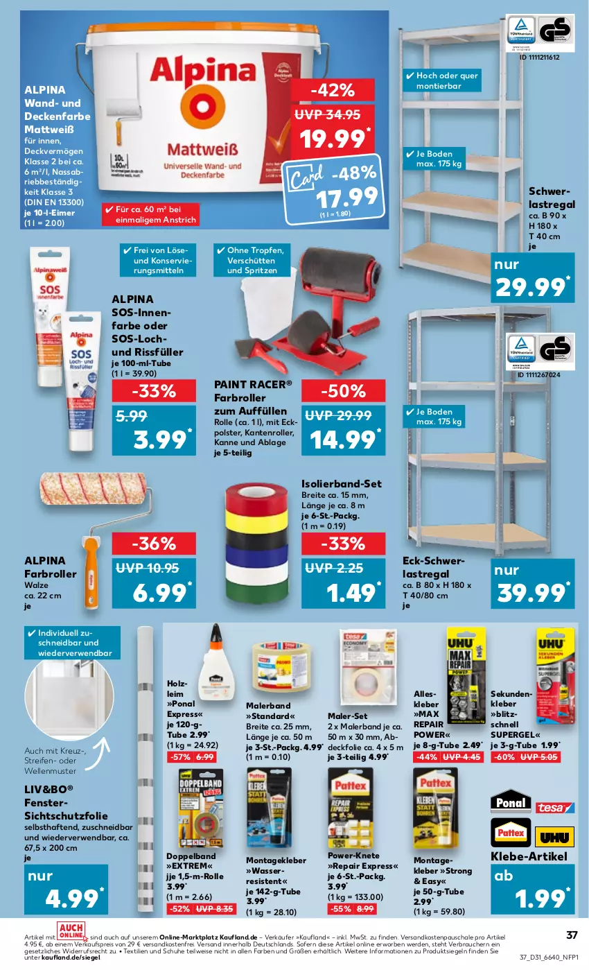 Aktueller Prospekt Kaufland - Prospekt - von 03.08 bis 09.08.2023 - strona 37 - produkty: acer, alpina, Brei, brie, decke, eimer, eis, elle, erde, Farbroller, fenster, Holz, innenfarbe, kleber, ndk, Rauch, regal, reifen, reis, Roller, rwe, Schal, Schale, schuhe, schwerlastregal, Ti, versandkostenfrei, wasser