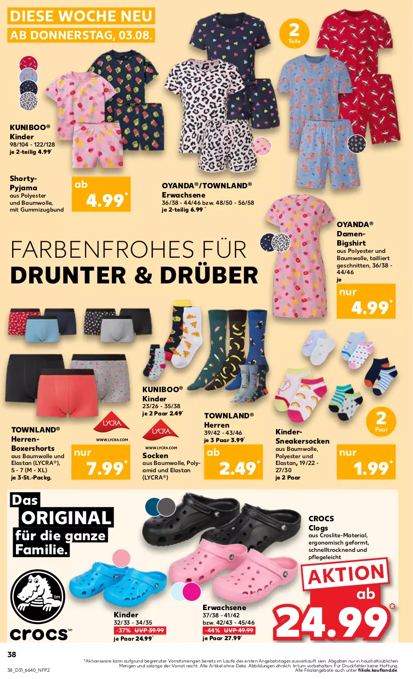 Aktueller Prospekt Kaufland - Prospekt - von 03.08 bis 09.08.2023 - strona 38 - produkty: angebot, angebote, Bau, baumwolle, Clogs, gin, Kinder, Pyjama, Ria, schnitten, shirt, shorts, shorty, sneaker, sneakersocken, socken, Ti, wolle, ZTE