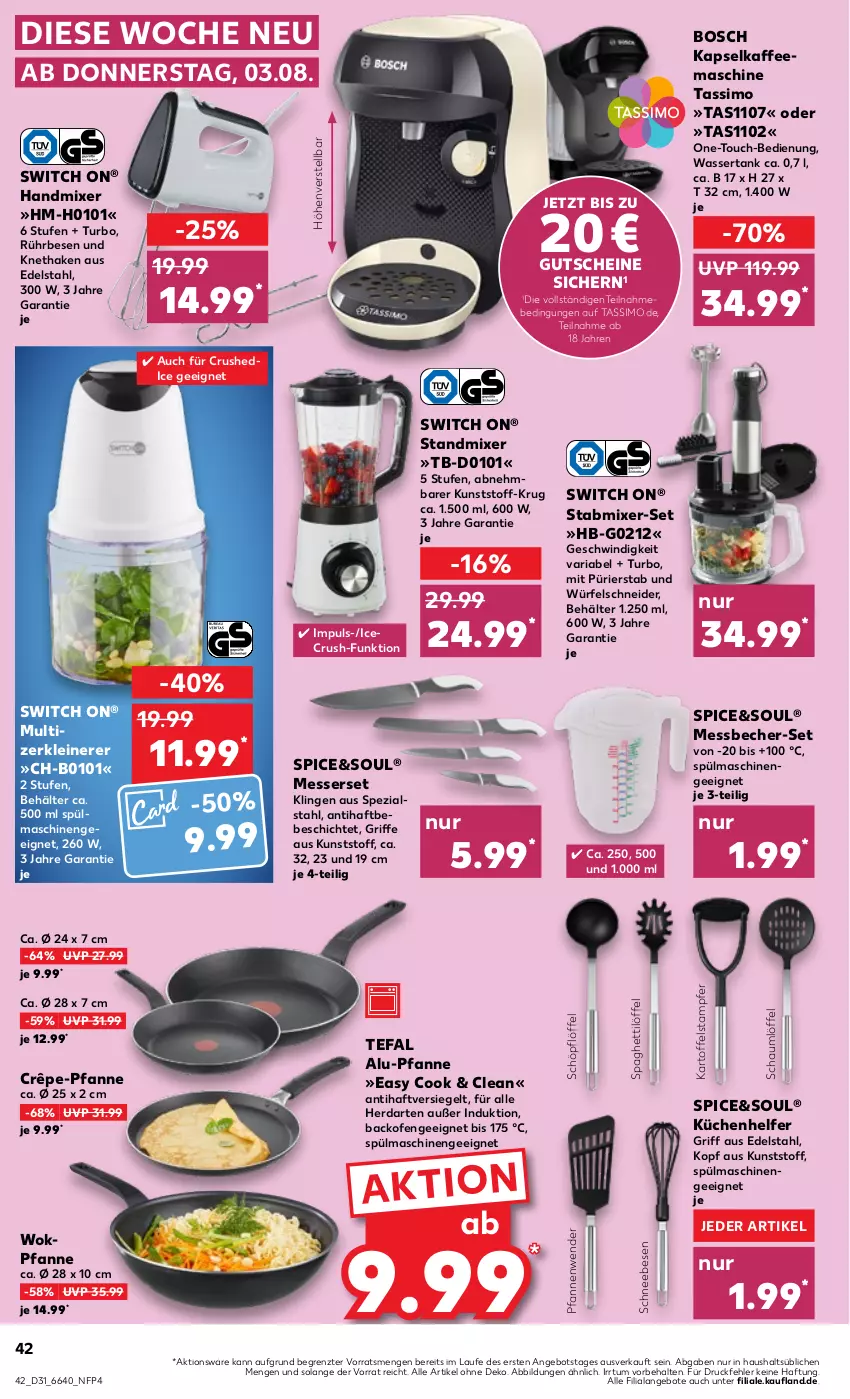 Aktueller Prospekt Kaufland - Prospekt - von 03.08 bis 09.08.2023 - strona 42 - produkty: angebot, angebote, backofen, Bebe, Becher, Behälter, bosch, Crêpe-Pfanne, edelstahl, ente, gutschein, gutscheine, handmixer, herdarten, kaffee, kaffeemaschine, kartoffel, küche, Küchen, Küchenhelfer, leine, Löffel, Messbecher, messer, Messerset, Mixer, Ofen, pfanne, pfannen, Pfannenwender, Ria, Schneebesen, Schöpflöffel, sim, spaghetti, Spaghettilöffel, Spezi, spülmaschinen, stabmixer, standmixer, tassimo, tefal, Ti, wasser, wassertank, wok, würfel, Zerkleinerer, ZTE