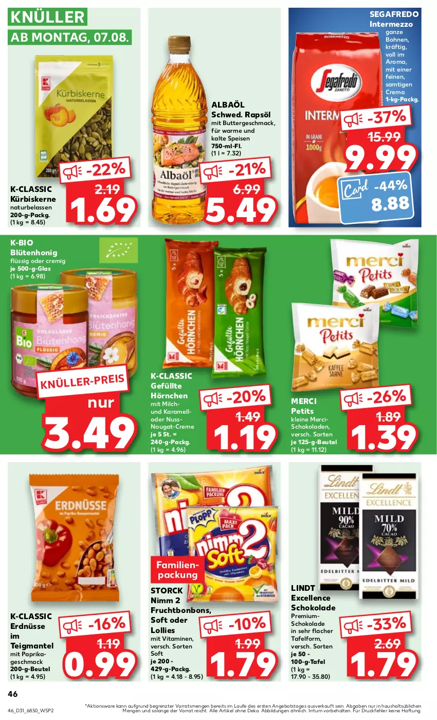 Aktueller Prospekt Kaufland - Prospekt - von 03.08 bis 09.08.2023 - strona 46 - produkty: angebot, beutel, bio, Blüte, blütenhonig, bohne, bohnen, bonbons, butter, creme, eis, elle, erdnüsse, frucht, honig, hörnchen, intermezzo, karamell, Kürbis, kürbiskerne, leine, lindt, mac, Mantel, merci, milch, mit paprika, natur, Nimm 2, nuss, paprika, rapsöl, schoko, schokolade, schokoladen, Segafredo, storck, Ti, vita, Vitamine, ZTE