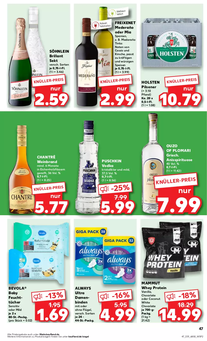 Aktueller Prospekt Kaufland - Prospekt - von 03.08 bis 09.08.2023 - strona 47 - produkty: Alwa, Always, angebot, angebote, binden, brillant sekt, cassis, chantré, coconut, cola, Damenbinden, eis, feuchttücher, freixenet, holsten, holsten pilsener, Holz, kirsch, kirsche, mam, ouzo, pils, pilsener, puschkin vodka, rotwein, sekt, söhnlein, söhnlein brillant, Ti, tücher, vodka, wein, weinbrand, Weißwein, white chocolate