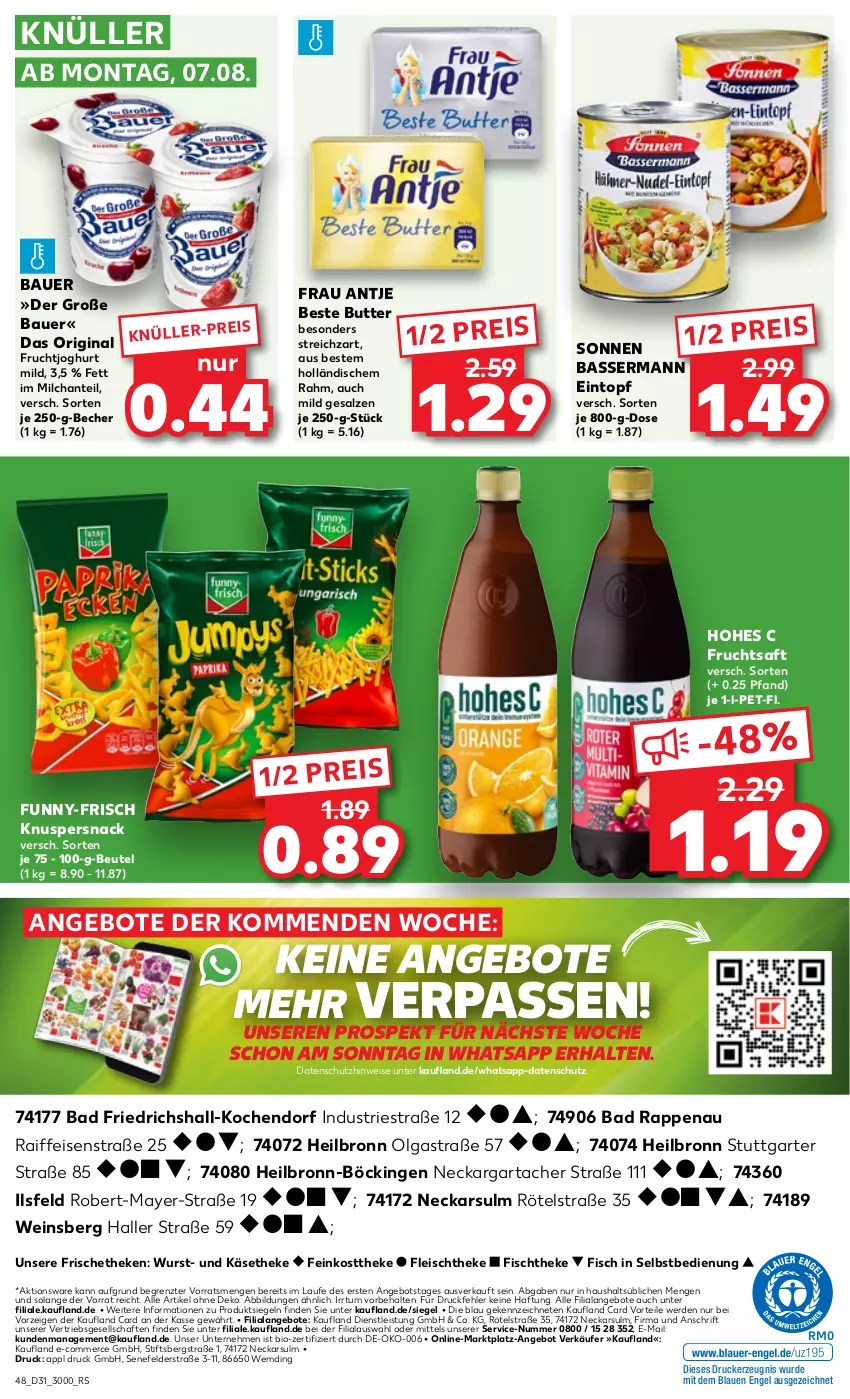 Aktueller Prospekt Kaufland - Prospekt - von 03.08 bis 09.08.2023 - strona 48 - produkty: angebot, angebote, Astra, auer, Bad, Bau, Bauer, Becher, beste butter, beutel, bio, butter, drucker, eintopf, eis, Engel, erde, feinkost, feinkosttheke, fisch, fischtheke, fleisch, frau antje, frucht, fruchtjoghurt, fruchtsaft, funny-frisch, gin, Hohes C, joghur, joghurt, joghurt mild, Käse, käsetheke, kerze, LG, milch, reis, saft, salz, snack, Streichzart, Ti, topf, wein, wurst, ZTE